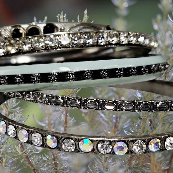 Celestial Collection Bangles Set Of 5 Mixed Enamel Rhinestone Sparkle Bracelets - Picture 10 of 14